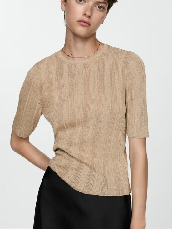 Mango Tops - Mango Lurex Beige Short-Sleeve Ribbed Knitted Top XS